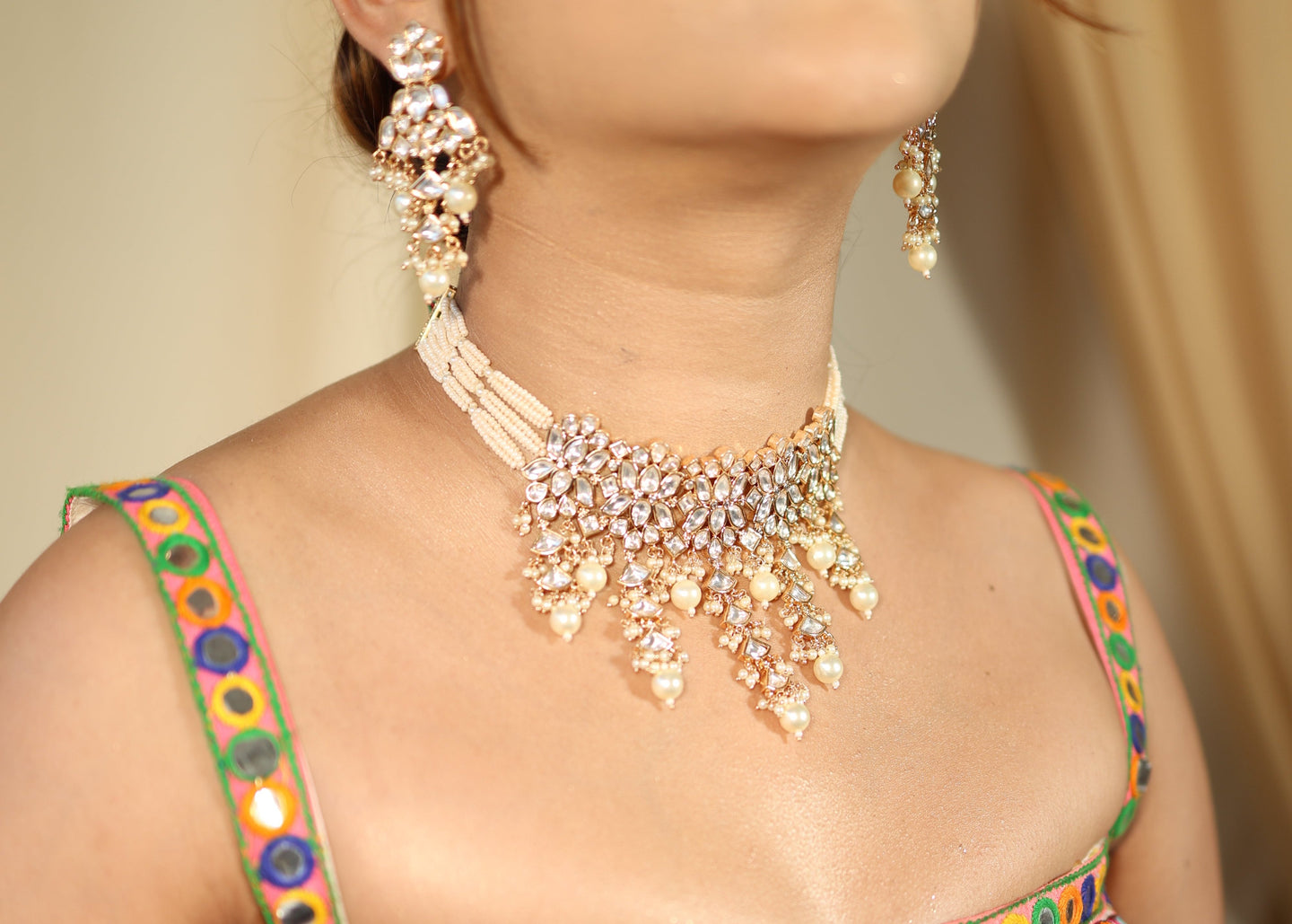 Asian jewellery Indian Jewellery gold kundan necklace set choker set earrings pearl white pearl asian indian wedding jewellery